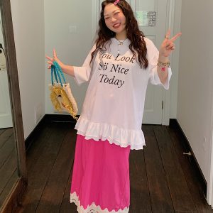 Gold Lace Splicing Slit Midi Skirt for Women, Plus Size 2025 Summer Fashion, Slimming Belly Coverage, Trendy Big Support Design