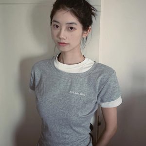 Gray Color-Blocked Short Sleeve Women's Fitted Slim T-Shirt - Vintage Sweet & Spicy Jazz Top - Trendy Summer Fashion