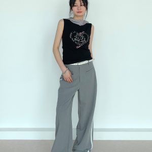 Gray Lace Patchwork Long Pants - Low-Waist Retro Casual Style, Versatile Y2K Fashion for Effortless Everyday Wear