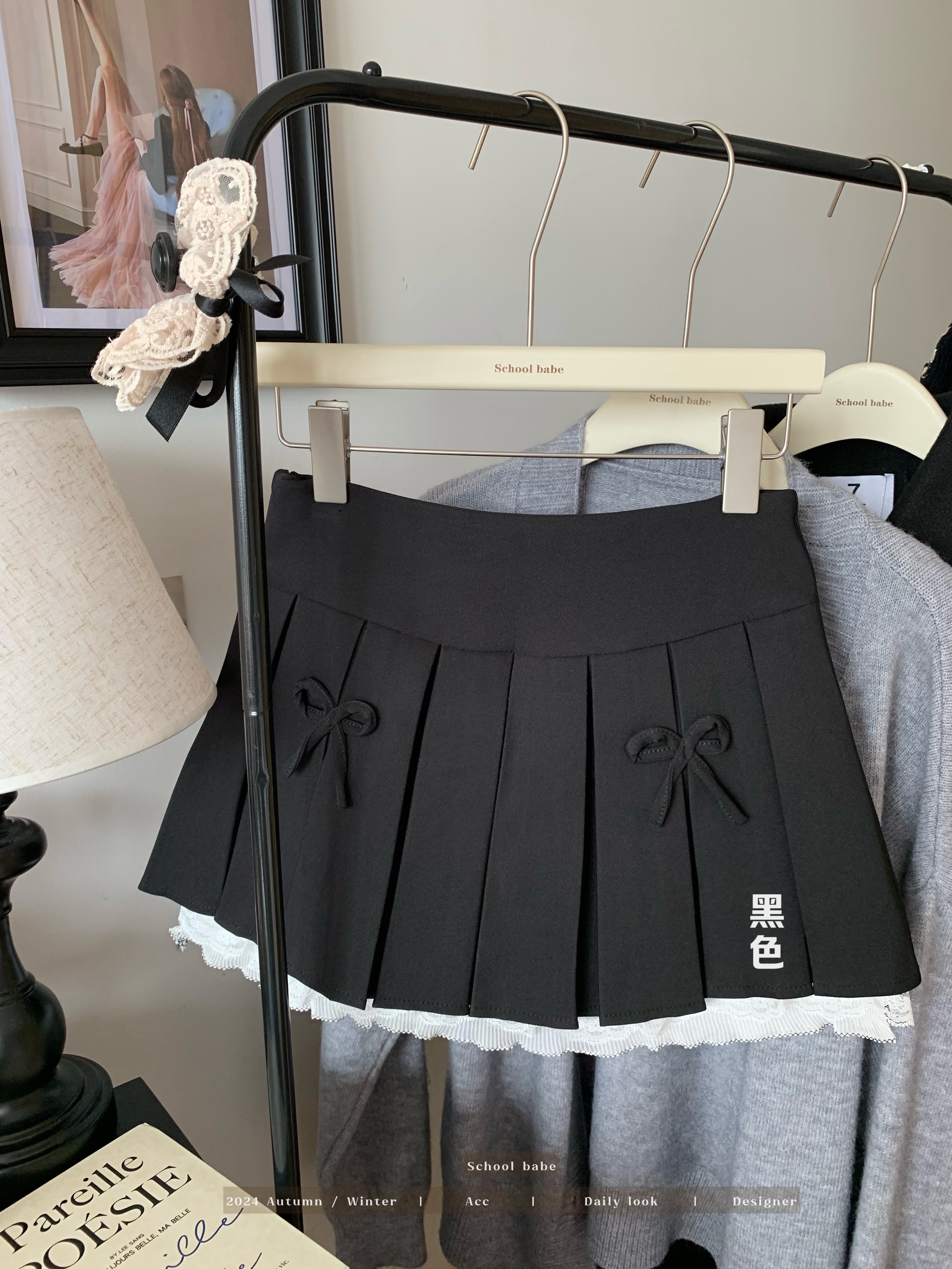 Gray Lace-Trimmed A-Line Skirt for Women, Bow Detail, Puffy Pleated Design, Spring Summer Fashion, Sexy Anti-Exposure Style