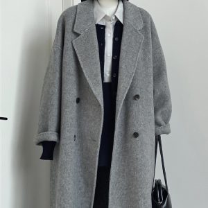 Gray Reversible Cashmere Coat for Women - High-End Woolen Jacket, Mid-Length, Korean Style, Autumn Winter 2024 Fashion