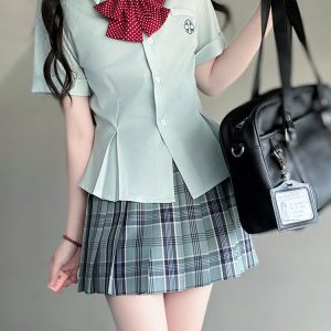 Green Folded Edge Short Sleeve Shirt for Women - Pudding Bear Original JK Uniform College Style, Summer Waist-Defined Design