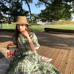 Green Plaid Linen Short Sleeve Dress for Women - Summer Loose Puff Sleeve Vintage Style Dress - Perfect for Casual Outings