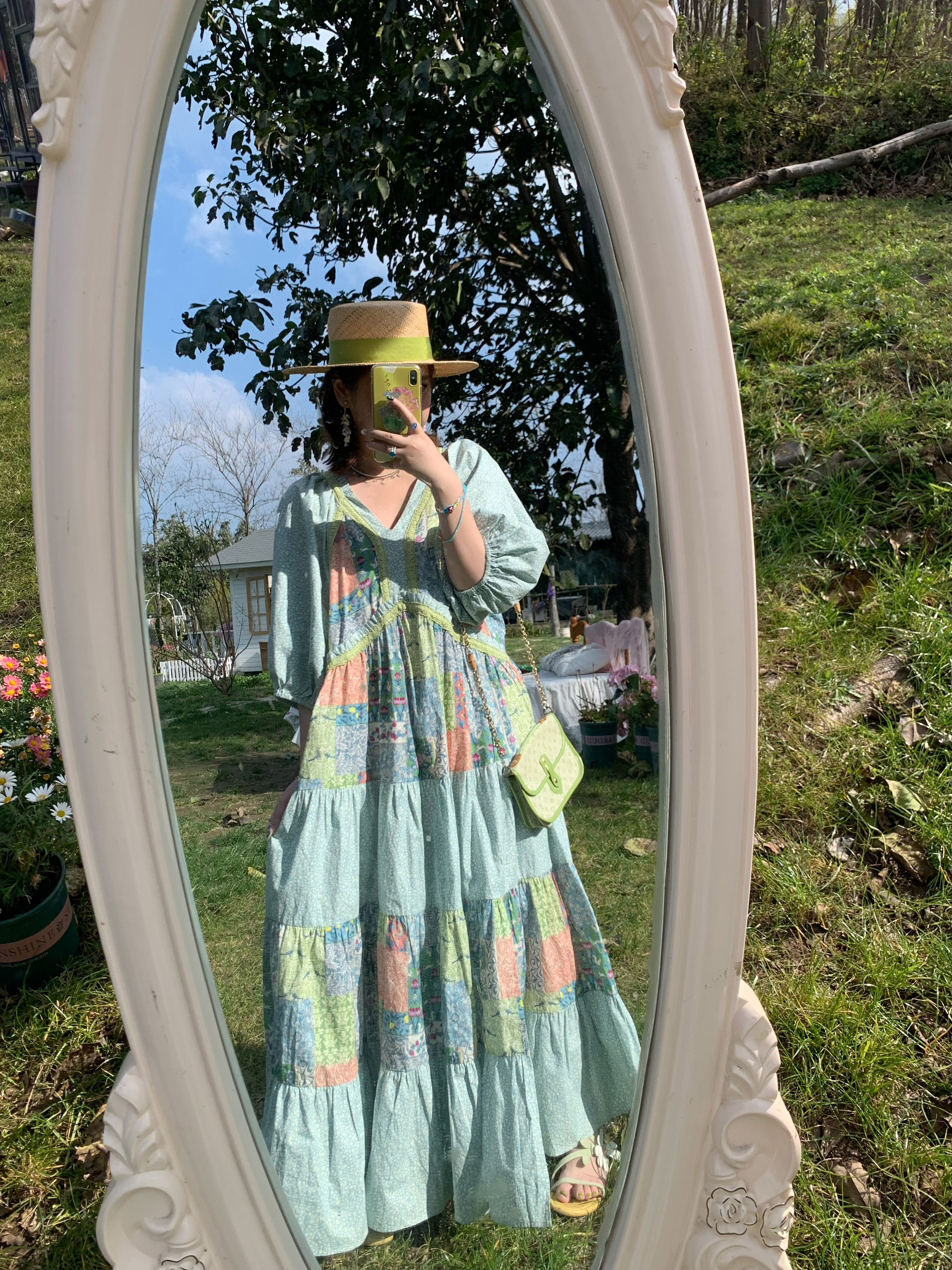 Green Retro V-Neck Dress for Women - Bohemian Long Skirt, Vintage Style, Spring Fashion, Summer of the Cicada