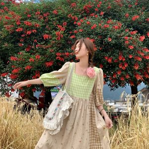 Green Wilderness Retro Plaid Patchwork Linen Dress for Women - Summer Loose Puff Sleeve Long Dress, Y2K Vintage Style