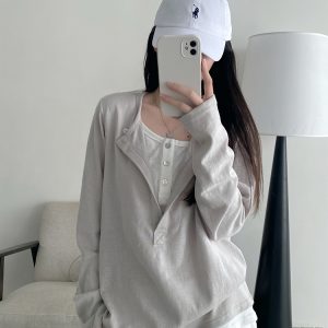 Half-Open Slant Collar Spliced Fake Two-Piece T-Shirt for Women - Long Sleeve, Loose Fit, Versatile Slimming Top for Spring and Autumn
