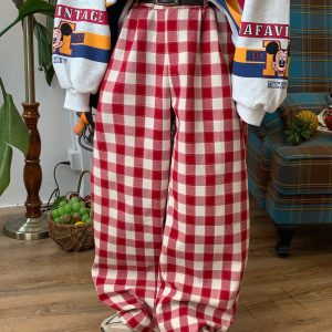 Handmade Color-Block Red Plaid Casual Wide-Leg Pants for Women - Vintage Inspired Loose Straight-Leg Floor-Length Trousers