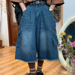Handmade Retro Denim Workwear Capris with Big Pockets, Cat Whiskers, Versatile Wide-Leg Straight Embroidered Loose Pants for Y2K Style