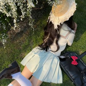 Handmade Straw Hat with Flowing Ribbons and Lace Sunshade Bow for JK Uniform Accessories - Cute Pudding Bear Style