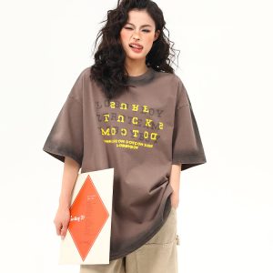 High-End Vintage Wash Gradient Short Sleeve T-Shirt for Men and Women - Trendy Heavyweight Couples Tee
