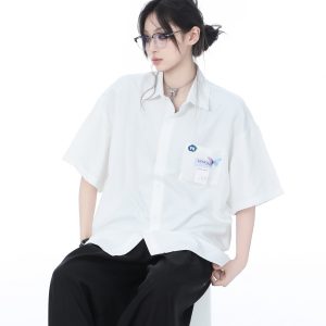 High-End White Short Sleeve Shirt for Women, Unique Loose Casual Design, Trendy Summer Fashion