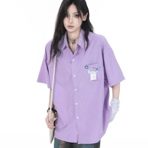 High-End White Short Sleeve Shirt for Women, Unique Loose Casual Design, Trendy Summer Fashion