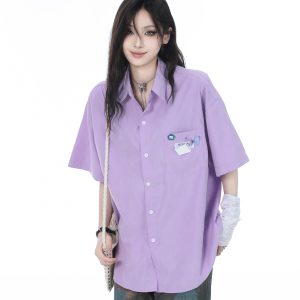 High-End White Short Sleeve Shirt for Women, Unique Loose Casual Design, Trendy Summer Fashion