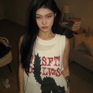 High Street Hollow-Out Vest for Women - Summer Cat Jacquard Knitted Top, Loose Hip-Hop Style, American 90s Fashion