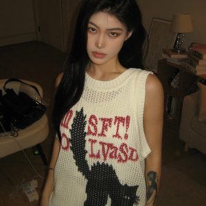 High Street Hollow-Out Vest for Women - Summer Cat Jacquard Knitted Top, Loose Hip-Hop Style, American 90s Fashion