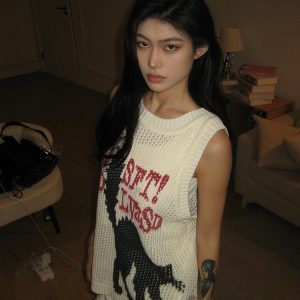 High Street Hollow-Out Vest for Women - Summer Cat Jacquard Knitted Top, Loose Hip-Hop Style, American 90s Fashion