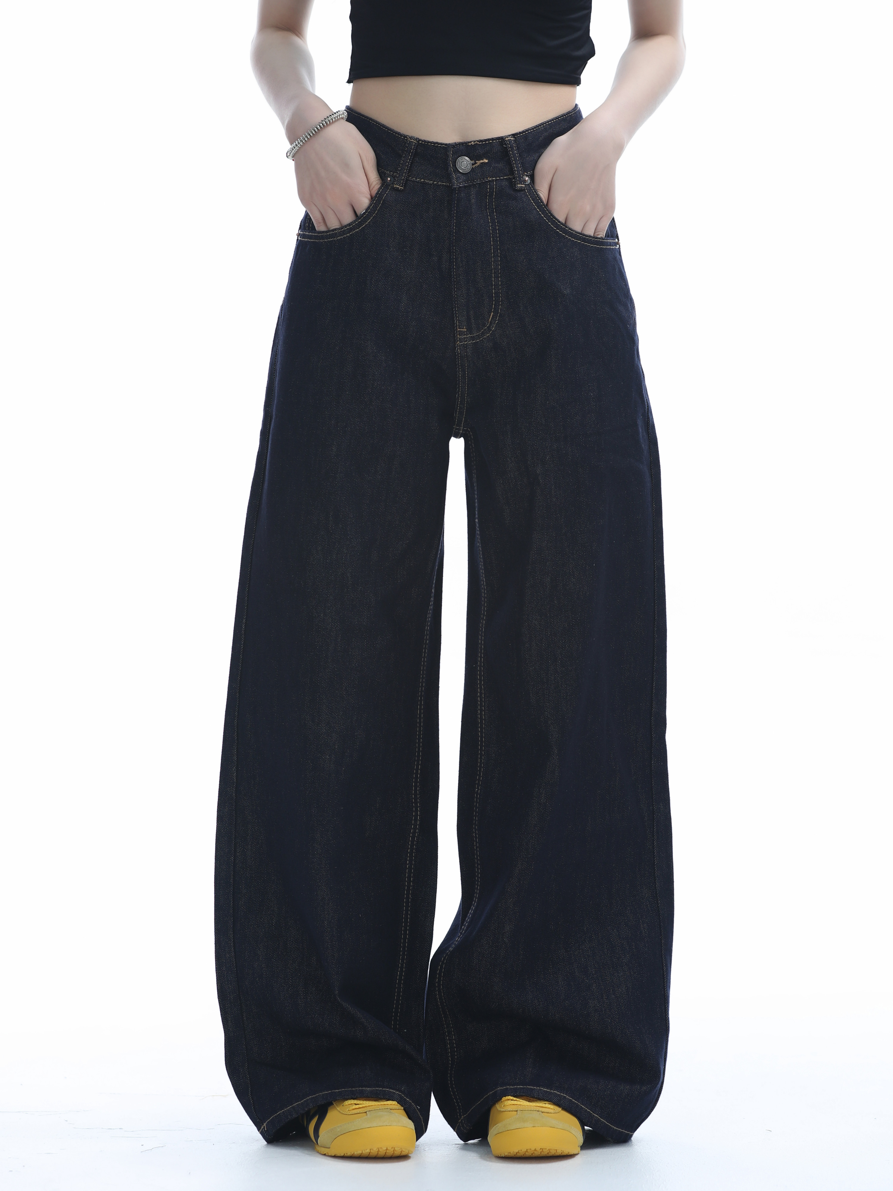 High-Waisted American Retro Wide-Leg Jeans for Women, Casual Draped Floor-Length Pants in Lazy Style