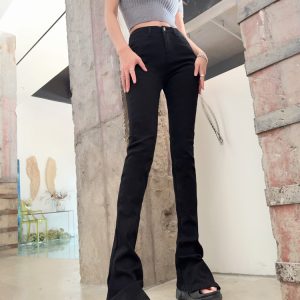 High-Waisted Black Flared Skinny Jeans for Women - Elongating, Slimming, Floor-Length, Trendy 90s Style