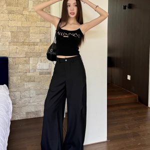 High-Waisted Black Wide-Leg Trousers - Lightweight Versatile Casual Pants for Spring & Summer Fashion
