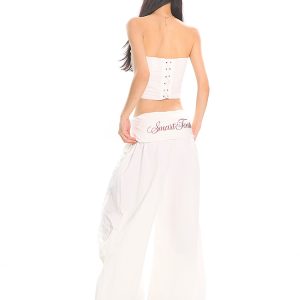 High-Waisted Cuffed Cargo Trousers with Rhinestone Detail - Versatile Pleated Wide-Leg Pants for Y2K and Street Style Fashion
