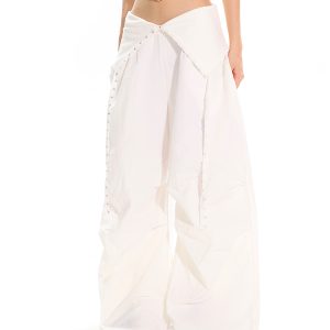 High-Waisted Cuffed Cargo Trousers with Rhinestone Detail - Versatile Pleated Wide-Leg Pants for Y2K and Street Style Fashion
