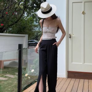 High-Waisted Irregular Side-Slit Wide-Leg Pants for Tall Individuals - Lightweight Draped Floor-Length Style for Spring and Summer