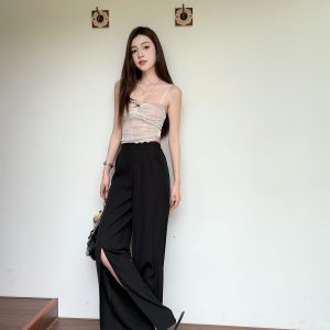 High-Waisted Irregular Side-Slit Wide-Leg Pants for Tall Individuals - Lightweight Draped Floor-Length Style for Spring and Summer