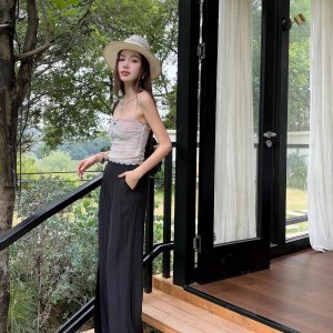 High-Waisted Irregular Side-Slit Wide-Leg Pants for Tall Individuals - Lightweight Draped Floor-Length Style for Spring and Summer