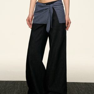 High-Waisted Layered Two-Piece Denim Pants for Women, Slimming Straight-Leg & Versatile Loose Wide-Leg Style, Spring Summer Fashion