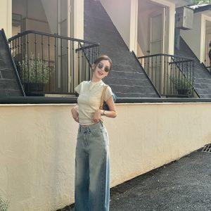High-Waisted Loose Draped Floor-Length Tencel Slightly Flared Wide-Leg Jeans for Women - Spring Fashion Trend 2023