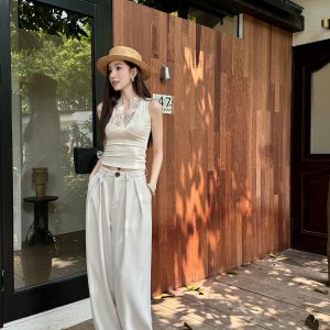 High-Waisted Loose Off-White Wide-Leg Pants for Women - Spring/Summer Floor-Length Draped Trousers in Light Fabric