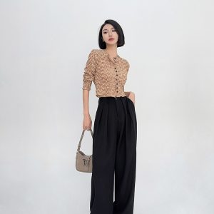 High-Waisted Loose Off-White Wide-Leg Pants for Women - Spring/Summer Floor-Length Draped Trousers in Light Fabric