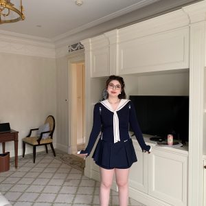 High-Waisted Navy Blue Skirt Pants, Retro American Haipai Academy Style, Slightly Chubby Fit, Trendy Y2K Fashion