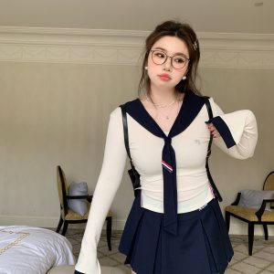 High-Waisted Navy Blue Skirt Pants, Retro American Haipai Academy Style, Slightly Chubby Fit, Trendy Y2K Fashion
