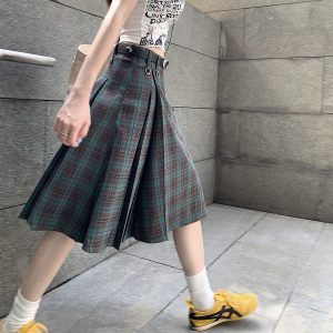 High-Waisted Plaid Midi Skirt for Women, Plus Size A-Line Pleated Umbrella Skirt for Autumn and Winter Fashion