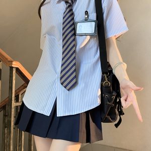 High-Waisted Pleated JK Uniform Skirt - Plaid and Solid Color Basic Style, Authentic Pudding Bear Inspired Design