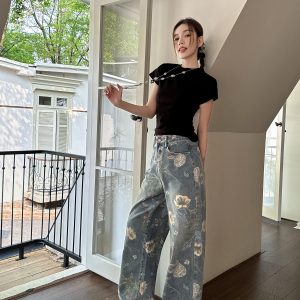 High-Waisted Retro Printed Wide-Leg Jeans for Women - Lightweight Draped Floor-Length Pants for Tall Individuals