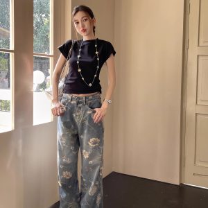 High-Waisted Retro Printed Wide-Leg Jeans for Women - Lightweight Draped Floor-Length Pants for Tall Individuals