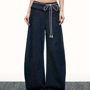 High-Waisted Ruffled Wide-Leg Floor-Length Jeans for Women - Deep Blue Washed Summer Style, Trendy Y2K Fashion