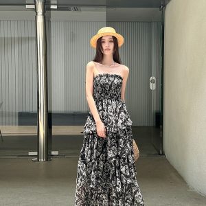 High-Waisted Strapless Summer Dress in Light Chiffon - Printed Long Skirt for Vacation, Trendy High-End Fashion