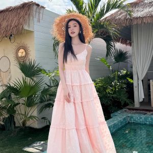 High-Waisted V-Neck Camisole Dress in Light Cotton with Heavy Embroidery and Flowy Skirt for Summer Vacation - Trendy and Chic