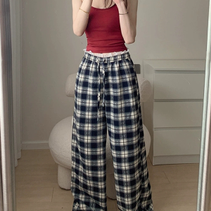 High-Waisted Vintage Plaid Casual Pants with Drawstring - American Style Slim-Fit Wide-Leg Design