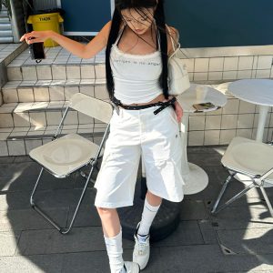 High-Waisted Women's Cargo Shorts - American Style Streetwear, Loose Casual Five-Point Summer Pants, Trendy White Straight-Leg Design