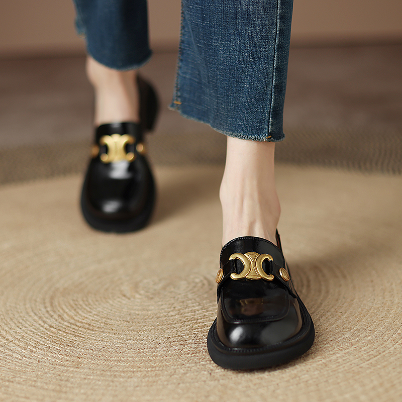 Italian-Style Soft-Soled Genuine Leather Round-Toe Loafers with Metal Buckle for Women - Non-Fatiguing Comfort, Chic Footwear
