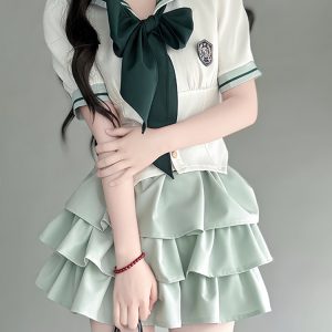 Japanese College Style Pudding Bear JK Uniform Sailor Suit Green Waist-Defined Short Sleeve Summer Outfit with Cake Skirt