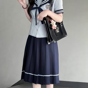 Japanese College Style Sailor Suit with Navy Collar and Waist-Collecting Design - Women's Summer Short Sleeve JK Uniform Set