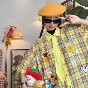 Japanese Retro Cartoon Embroidered Plaid Short Sleeve Shirt for Women - Summer College Style Top