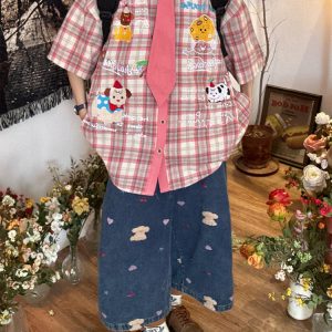 Japanese Retro Cartoon Embroidered Plaid Short Sleeve Shirt for Women - Summer College Style Top