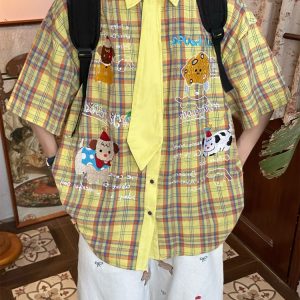 Japanese Retro Cartoon Embroidered Tie Plaid Short Sleeve Shirt for Women - Summer College Style Top