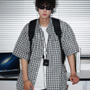 Japanese Retro Checkered Short Sleeve Shirt for Men and Women - Summer BF Style, Casual Loose Fit, Versatile Half-Sleeve Top